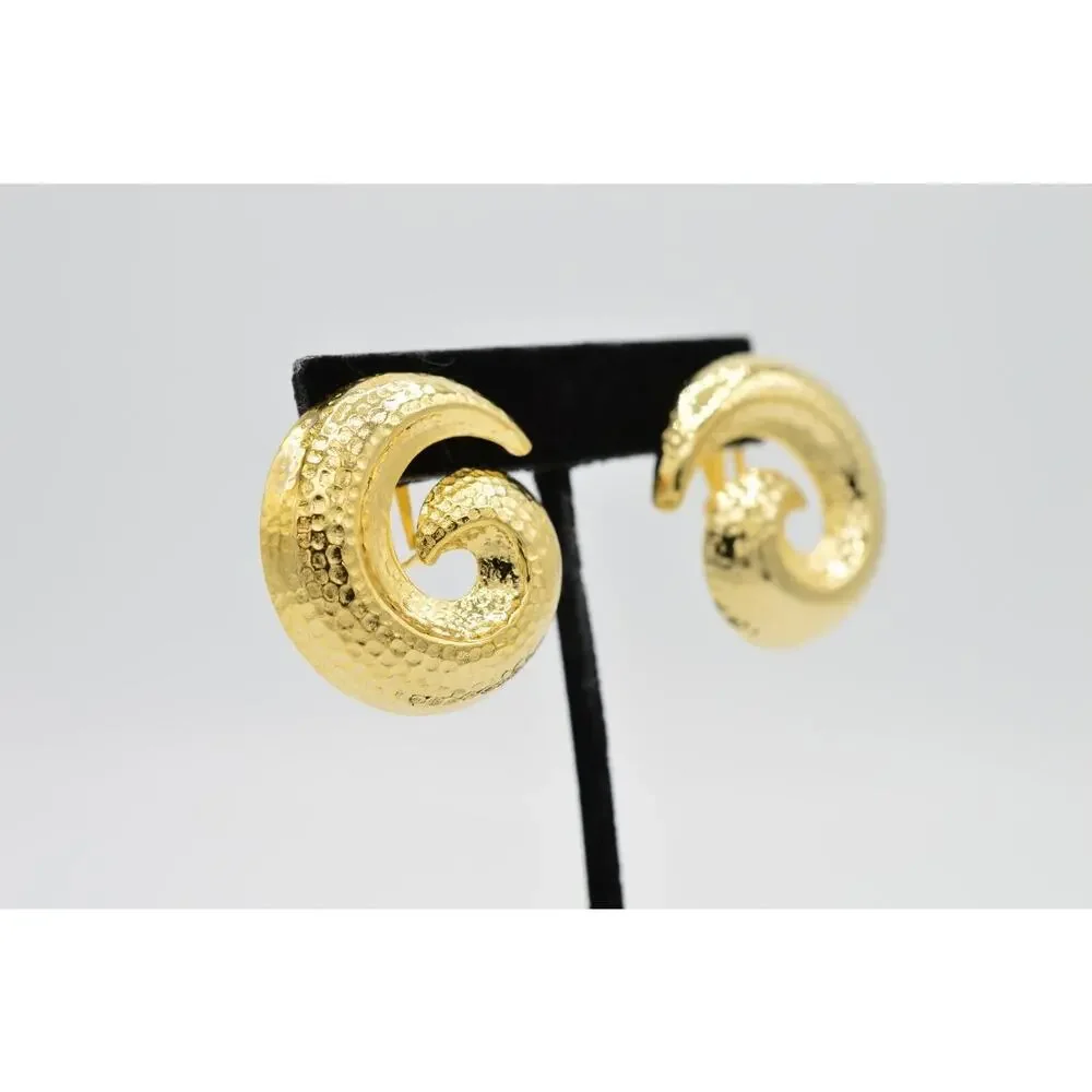 Vintage Clip On Earrings Shiny Brushed Gold Pebbled Swirl Chunky NOS 1980s 9L